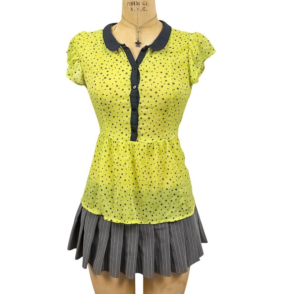 2010s Y2K Sheer Star Print Peplum Top Peter Pan Collar Whimsical Indie‎ Small